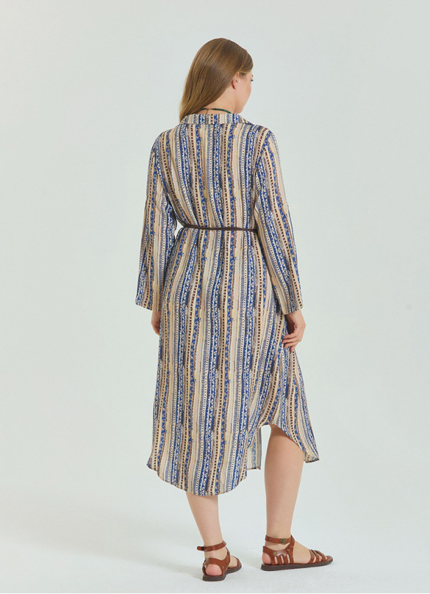 Patterned Shirt Collar Belt Detailed Beige Long Sleeve Plus Size Dress 4611